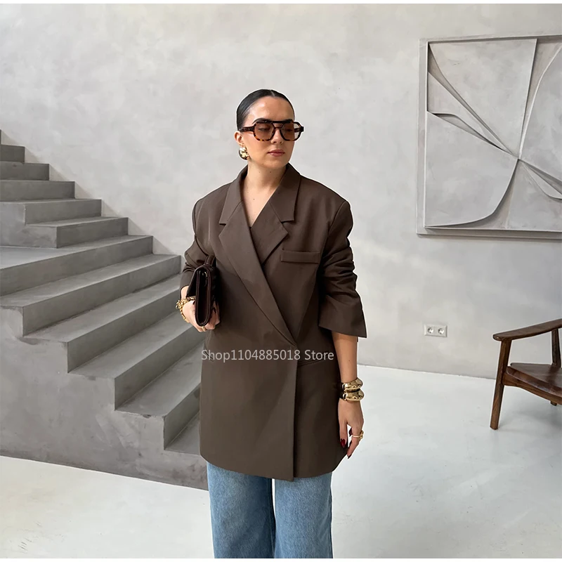

Elegant Brown Blazer Jackets Women Turn-Down Collar Long Sleeve One Button Coats 2025 Autumn Winter Fashion Grey Lady Outwear