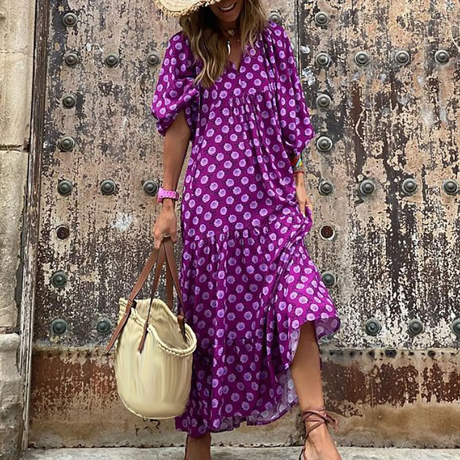 Vestido de verano con manga abullonada para mujer, maxivestido Floral elegante con cordón y cuello en V, falda holgada para fiesta en la playa y vacaciones, 2024