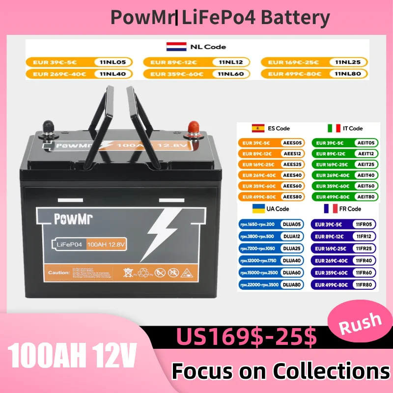 PowMr 100AH 12V miniLiFePO4 Battery Pack 6000 Cycle Built-in BMS Lithium Iron Phosphate Home Grade A Cell Solar Storage Battery