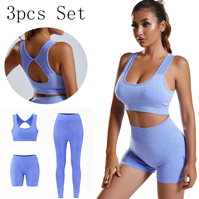 

Women's Yoga Sports 3 Piece Set Sports Bra High Waist Sports Shorts And Sports Long Leggings Breathable Running Fitness Set