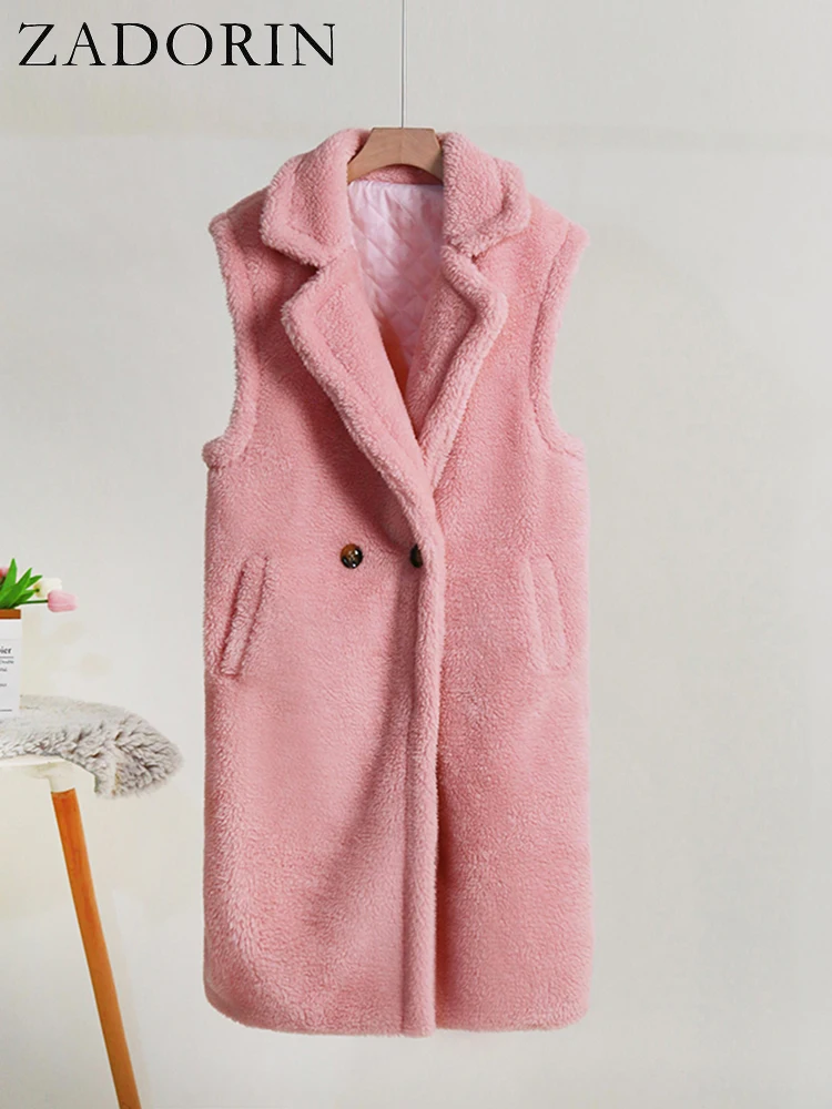 ZADORIN New Winter Women Long Faux Fur Vest Fahion Turn Down Collar Pink Teddy Bear Jacket Women Oversized Thick Warm Fur Coats