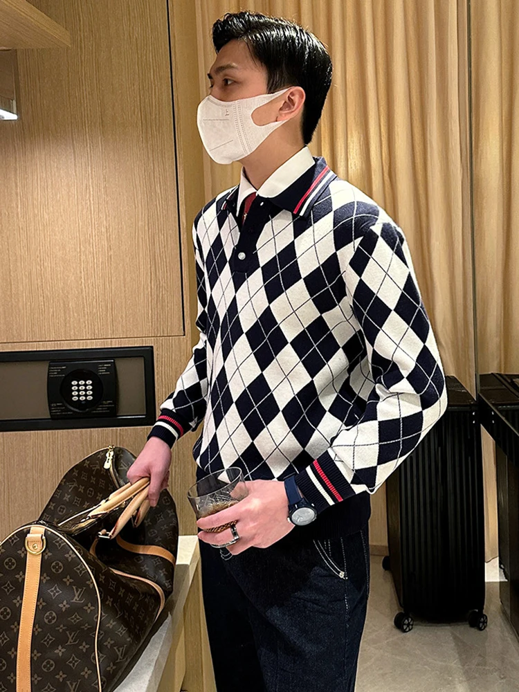 

Men's Knitted irt Long Sve Retro Busin Faion Diamond Pattern Color Colion Turn-down Collar Top