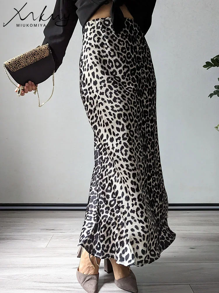 MiuKoMiYa Autumn Satin Leopard Print Maxi Skirt Women High Waist A Line Office Slim Long Leopard Skirt For Women Elegant 2025