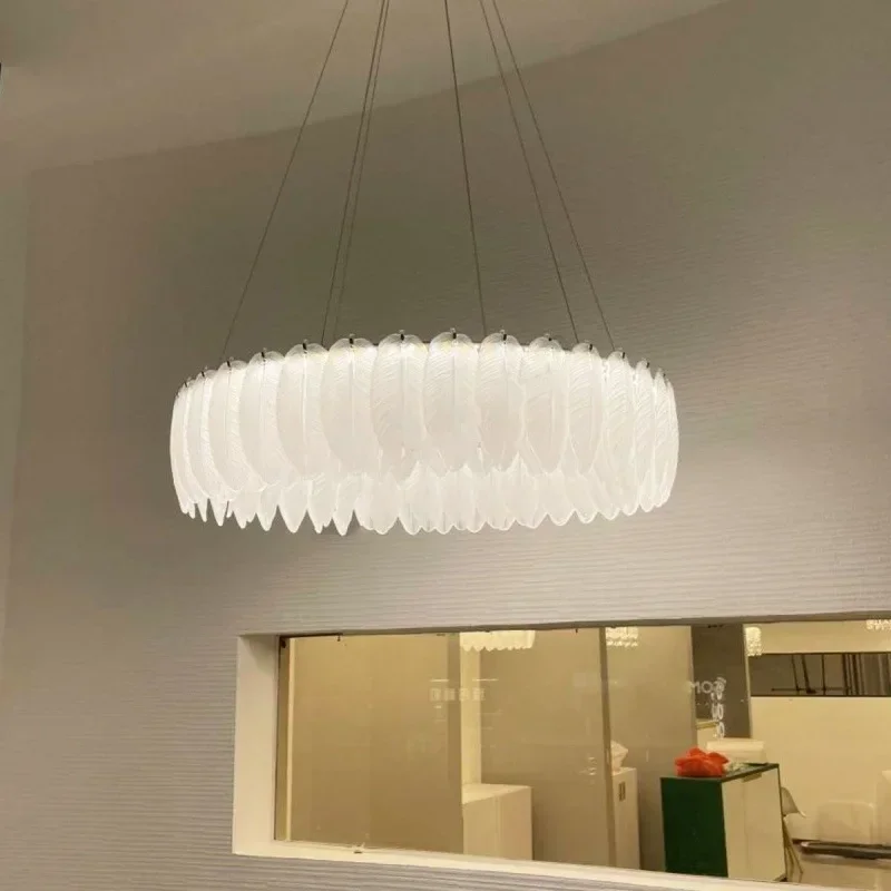 Nordic Luxury  Feather Led Chandelier for Living Dining Room Bedroom White Glass Pendant Lights Home Decoration Hanging Light