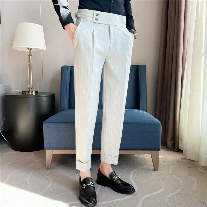 Mens Dress Suit Pants Striped Plaid British Style High Waist Casual Belt Design Slim Trousers Formal Office Social Wedding Party