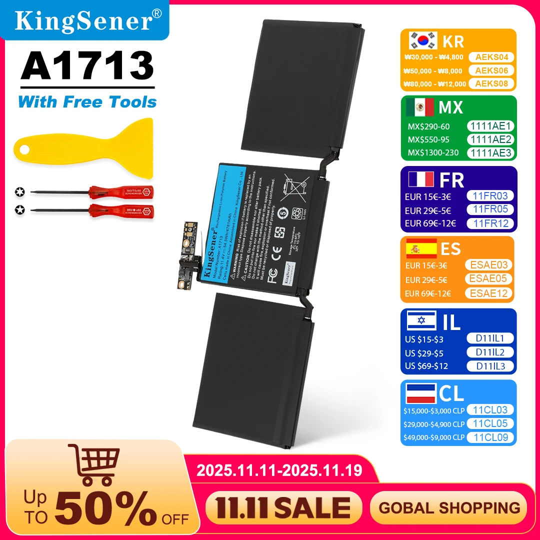 

KingSener A1713 Аккумулятор для ноутбука Apple MacBook Pro 13 дюймов A1708 2016 2017 EMC 2978 3164 020-00946 MLL42LL Аккумулятор AKKU 4781 мАч