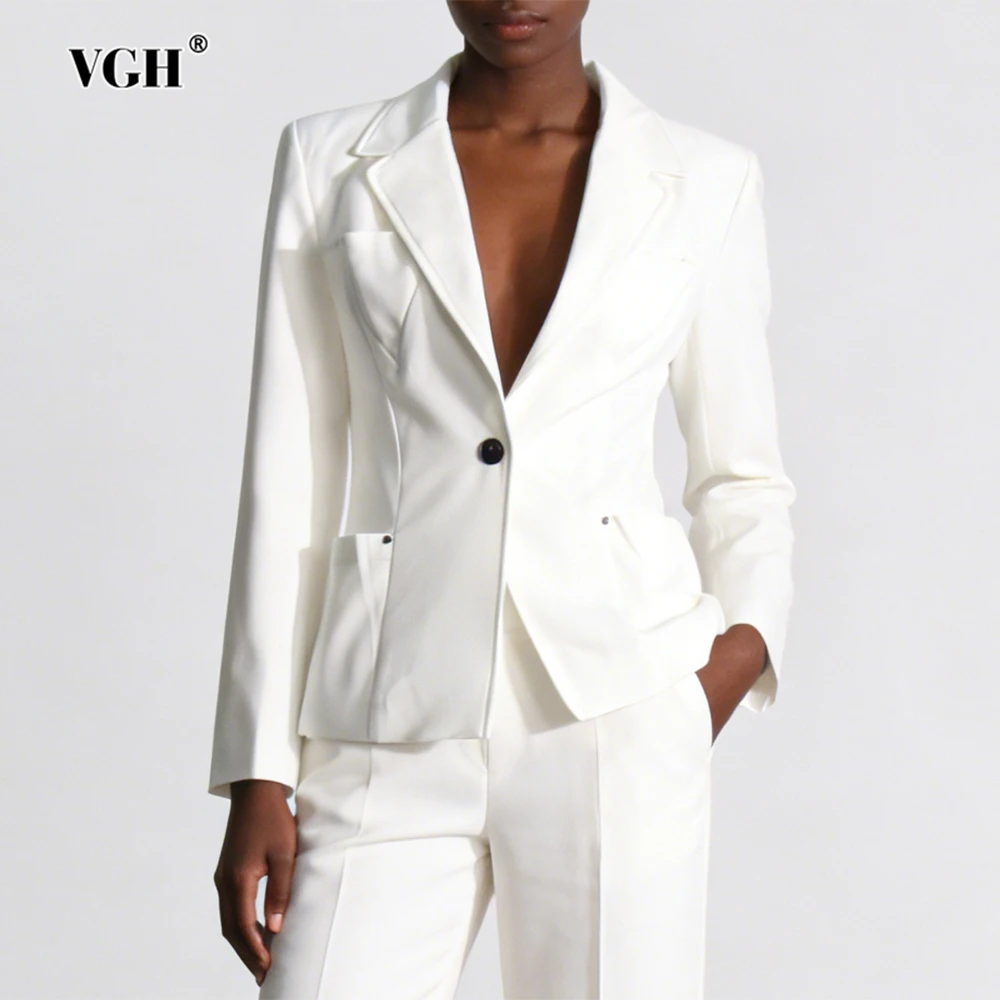 

VGH French Style Casual Slimming Spliced Diamonds For Women V Neck Long Sleeve Autumn Temperament Solid Jacket Female Fashion