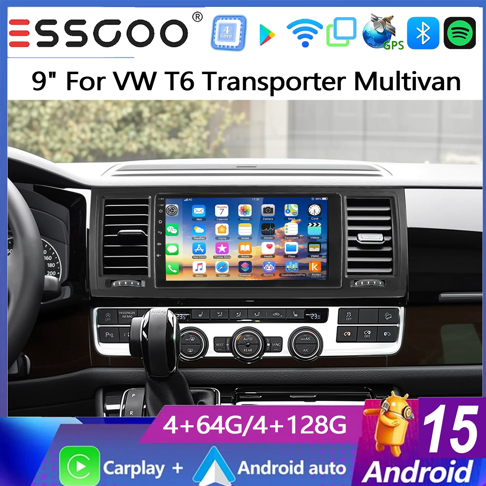 ESSGOO 9 Zoll 4+64G/4+128G Android 15 Autoradio für VW T6 Transporter Multivan mit kabellosem Carplay, Android Auto, GPS-Navigation, Bluetooth, FM, SWC, Wifi, RDS, ASP, EQ, IPS Touchscreen, Mirror