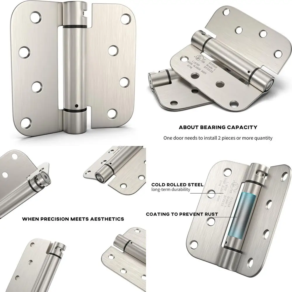 

Self-Closing Door Hinges with Soft Close Feature, Adjustable Tension, 4 Inch Satin Nickel, 5/8 Inch Radius Corners
