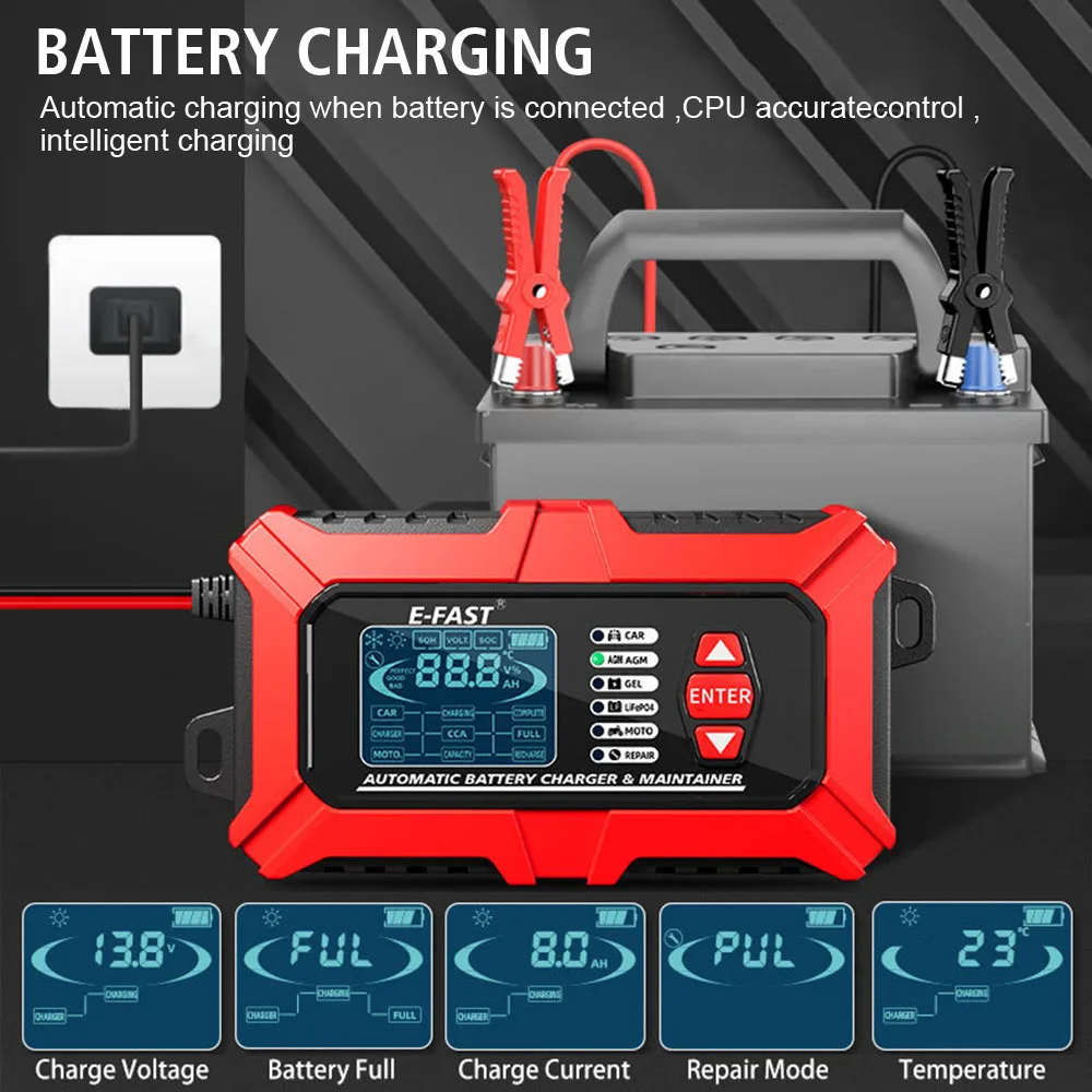 Tester di sistema caricabatteria per auto intelligente analizzatore di batterie per moto per auto 3 in1 per batterie al litio LiFePo4 GEL AGM al piombo 12V