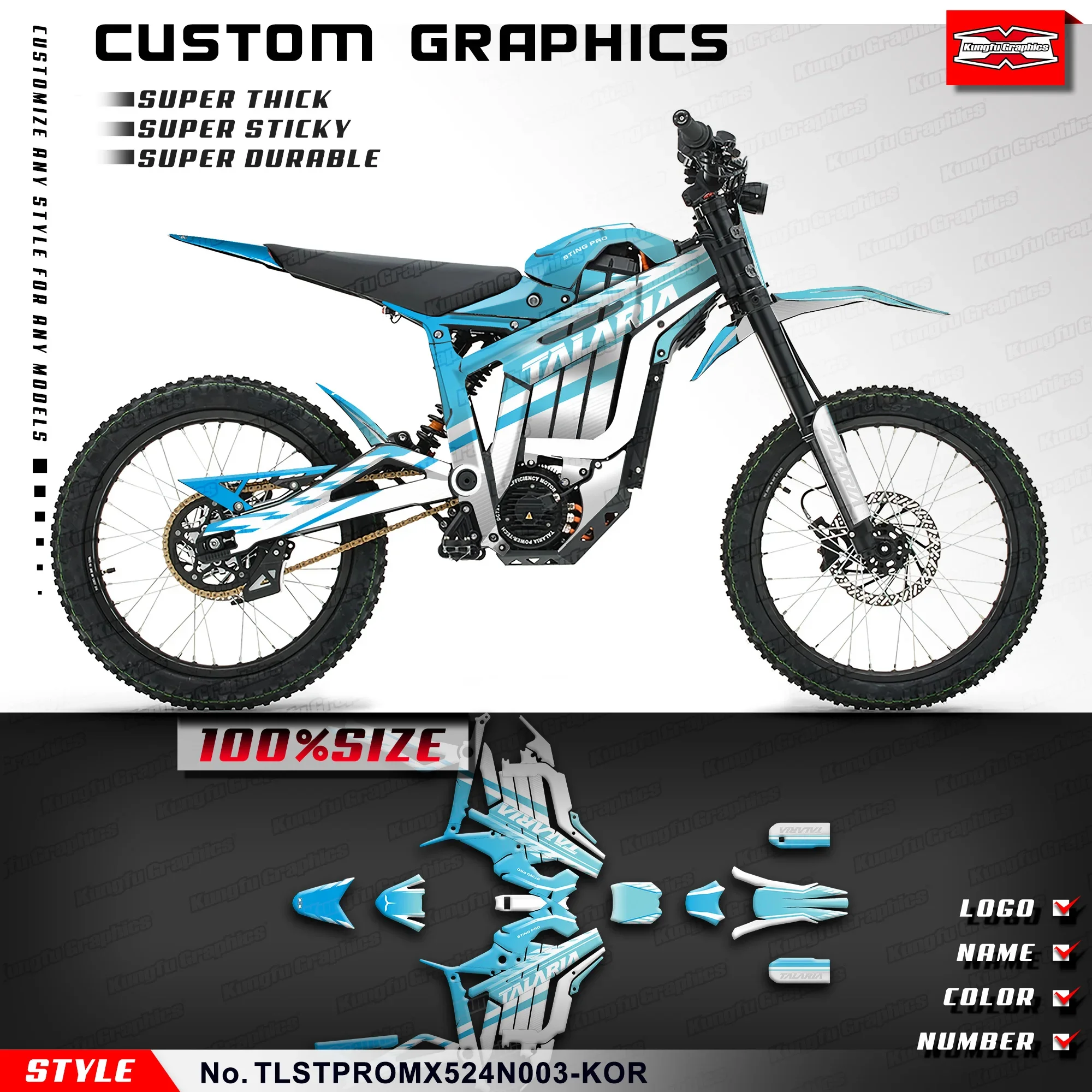 

Клейкая наклейка KUNGFU GRAPHICS, устойчивый к ультрафиолетовому излучению ламинат для электрического мотоцикла TALARIA STING MX5 PRO, TLSTPROMX524N003-KOR