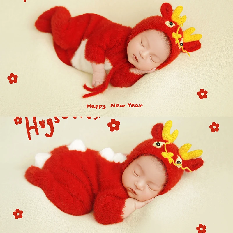 0-1 Month Newborn Photography Outfit Red Dragon Themed Set Knitted Jumpsuit Dragon Hat Infant Photoshoot Props Boy Photo Outfit