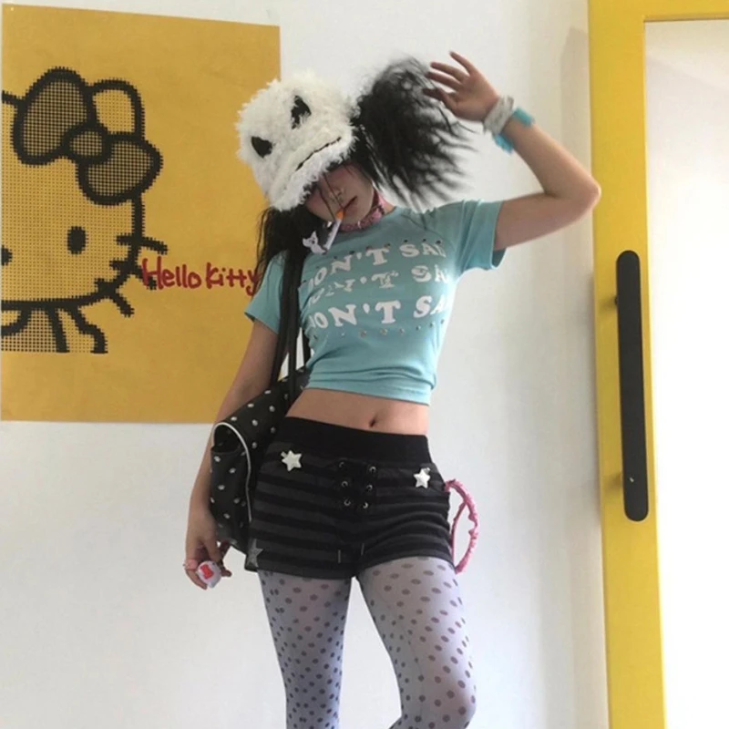 Karrram Japanese Y2k Letter Print T-shirt Vintage Harajuku Blue Crop Top Trashy 2000s Style Short Sleeve Tee Shirt American 90s