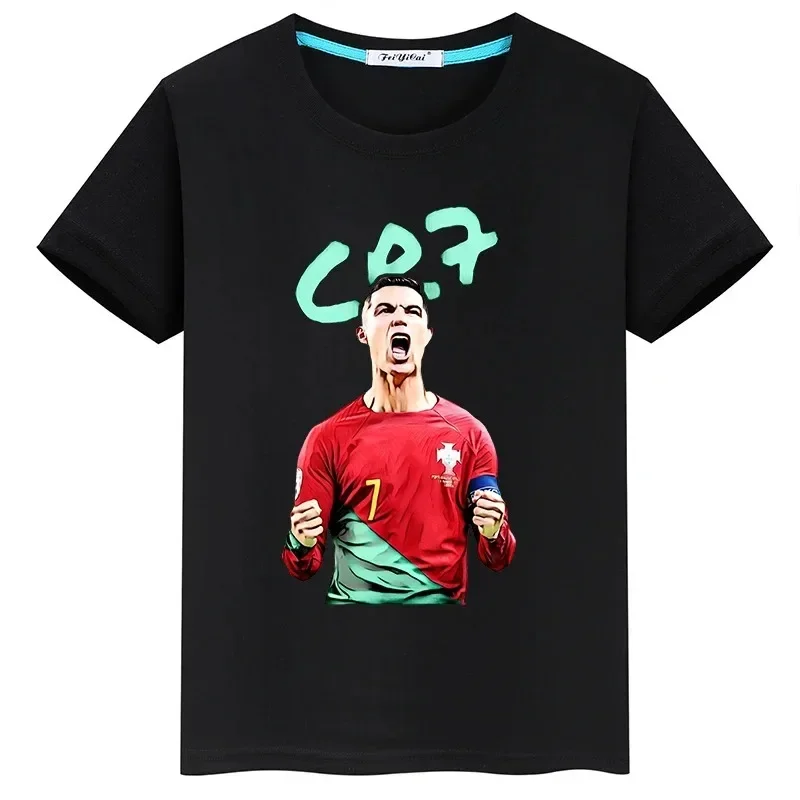 Summer Short-sleeved Boys Girls Black Cotton T-shirt Sportswear Tops Ronaldo Football Star Printed Children\'s Clothing Kids