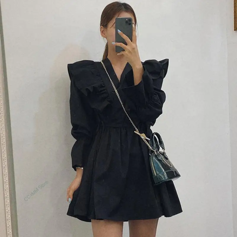 

2022 Autumn New Sweet Long Sleeve V-Neck Flare Sleeve Women Dresses Korea Style Ruffles Ladies Coffee Shirt Dress