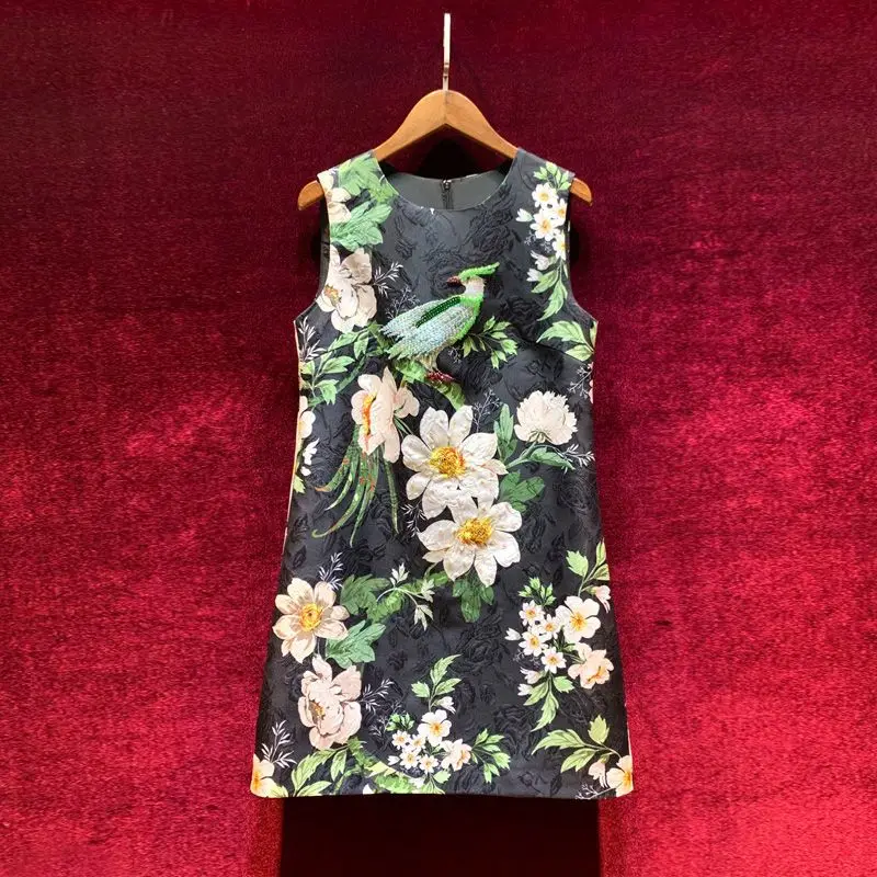 

New Retro Floral Printing Women Clothes Dress Fashion Luxury Sleeveless A-Line O-neck Female Robe Summer Sexy Dresses Mujer