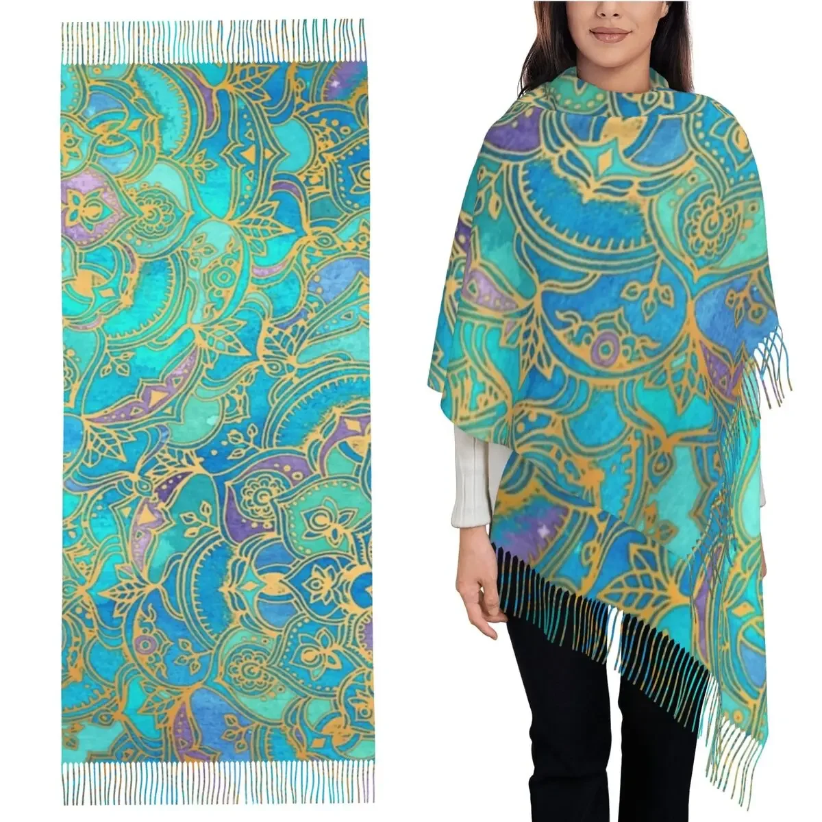 Sapphire & Jade Stained Glass Mandalas Scarf Tassel Scarves for Women Soft Warm Shawls and Wraps Long Fall Winter Shawl Wrap