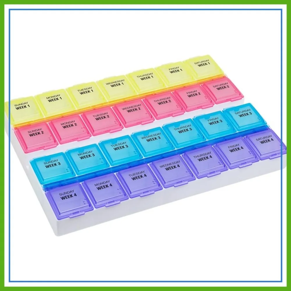 

Monthly 28-Day Pill Case, Large Medicine Organizer with Color-Coded Lids, BPA Free