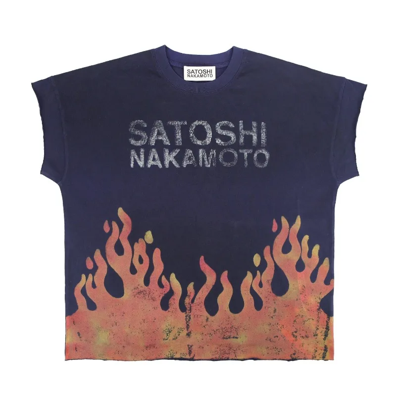 High Street Satoshi Nakamoto Washed Vintage Flame Print American Style Sleeveless Cut Off T Shirt Casual Streetwear