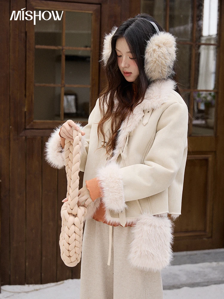 MISHOW Cappotto corto spesso monopezzo in pelliccia sintetica per donna Giacche larghe con risvolto invernale Cappotti caldi antivento con borsa in peluche MXE91W1000