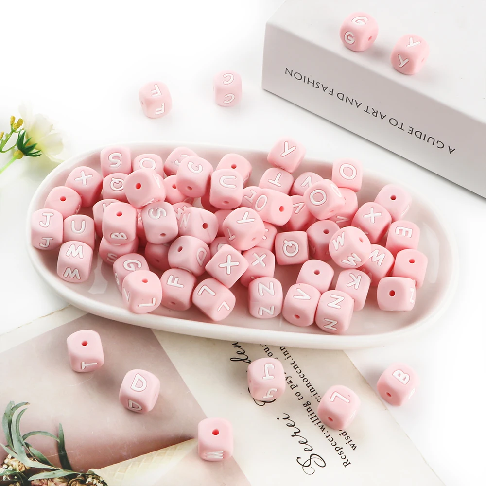 Sunrony 10~100Pcs Silicone Letters Beads 12MM Pink Square Alphabet Bead DIY Bracelet Handmade Accessories For Jewelry Making