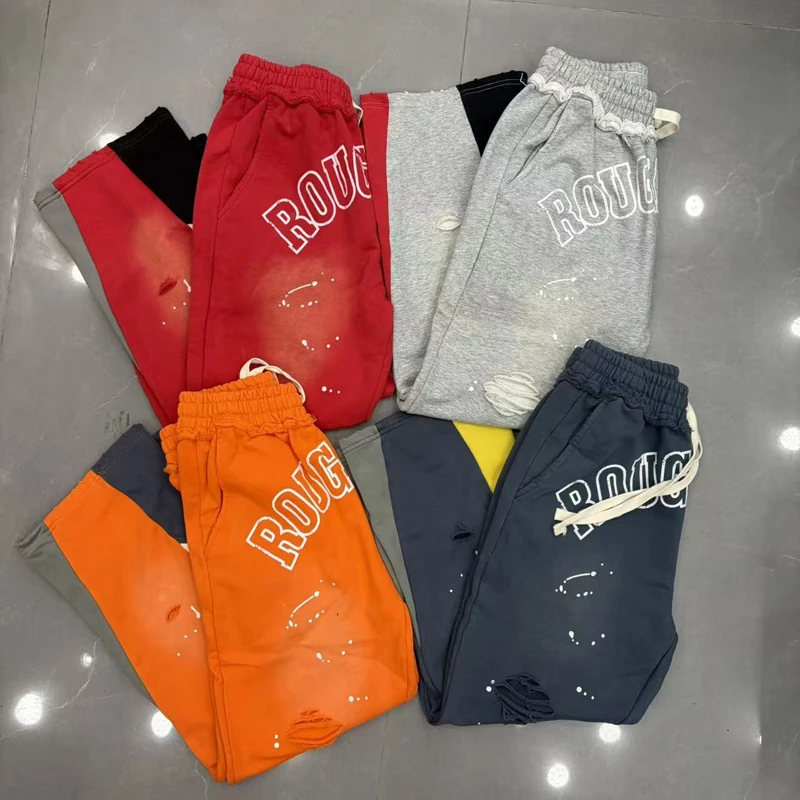 Retro Washed Ripped Rough Play Casual Pants Splash Paint Dot Color Block Spliced American Street Man Woman Straight Sweatpants