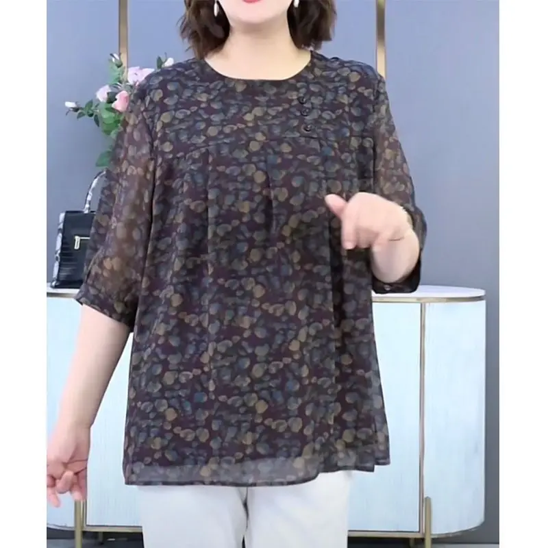 Korean Fashion Summer Women's O-Neck Print Patchwork Button Simplicity Versatile Loose Half Sleeve Mid-length Chiffon Shirt Top