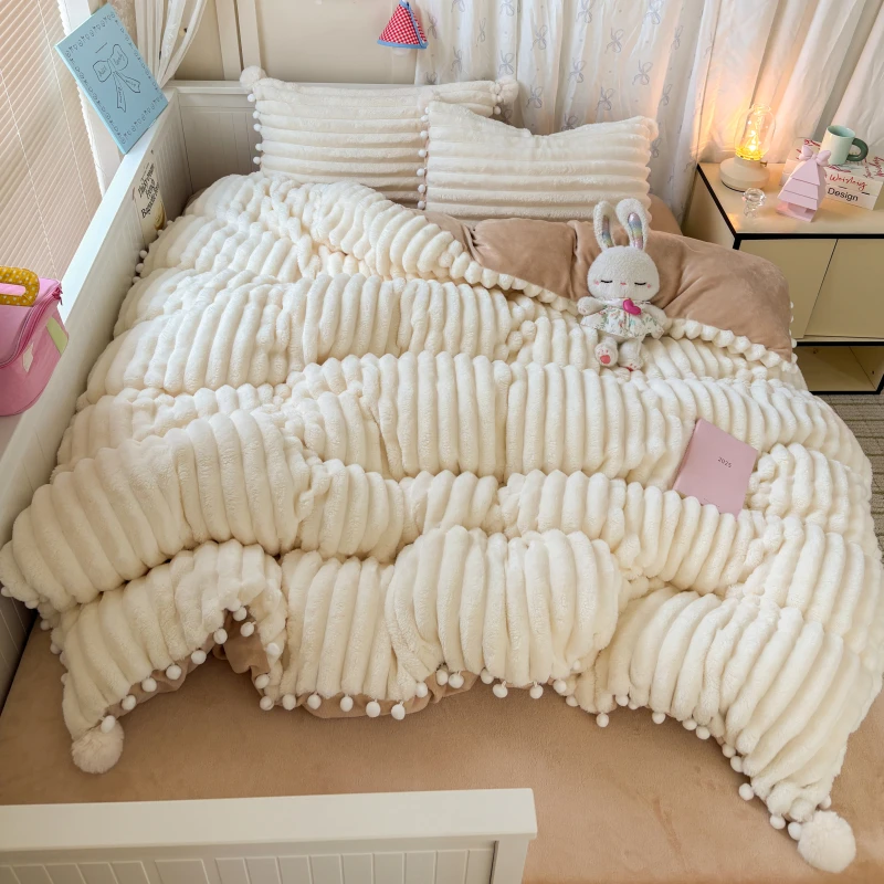 

Striped Fluffy Milk Velvet Soft With Cute Pompoms Bedding Set Single Full Queen Duvet Cover Flat/Fitted Bed Sheet Pillowcases