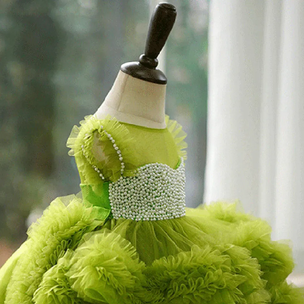 Vestido de niña de flores verdes 2024 para boda, tul en capas hinchado con perlas, fiesta de cumpleaños para bebés y niños, vestidos de primera comunión