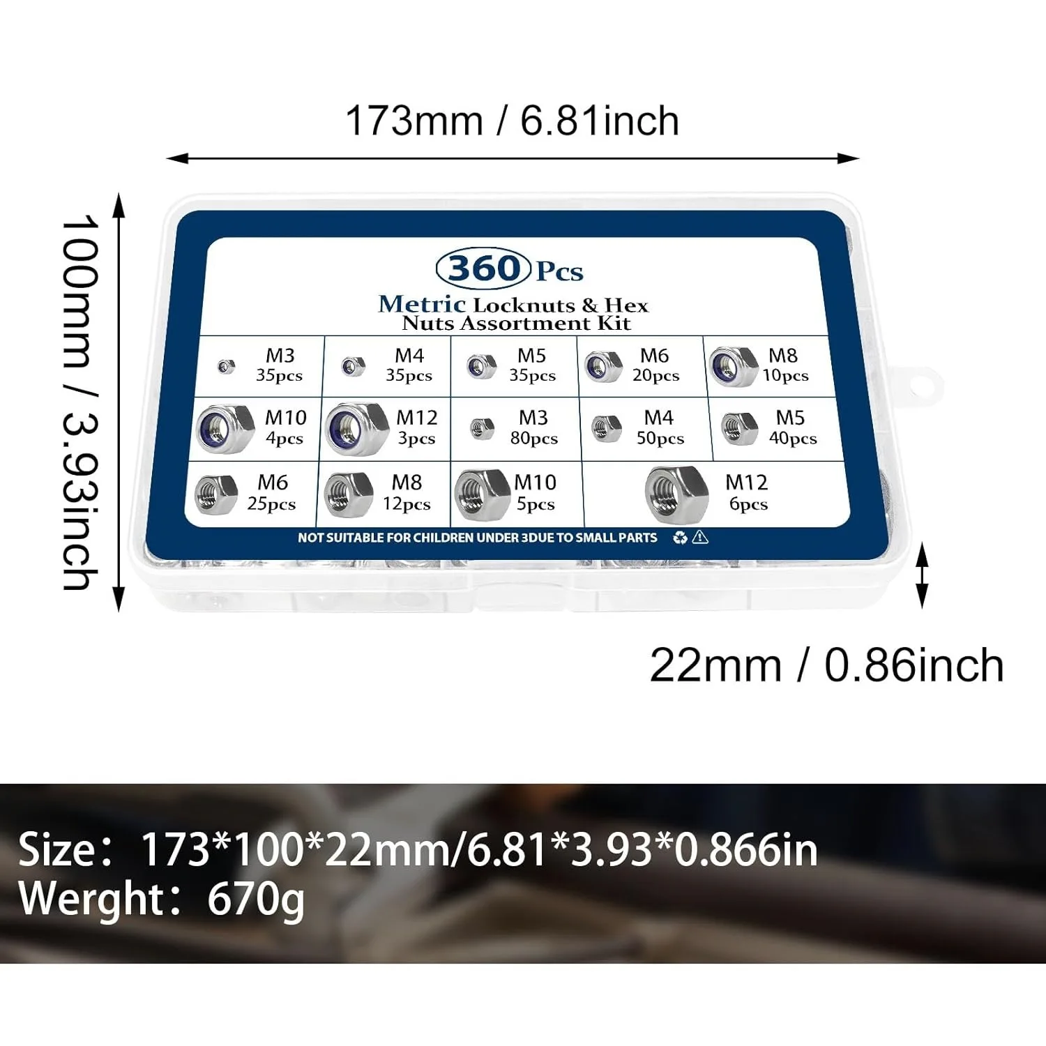 360 Uds 304 Material M3-M12 tuerca hexagonal métrica y kit de combinación de tuerca de bloqueo