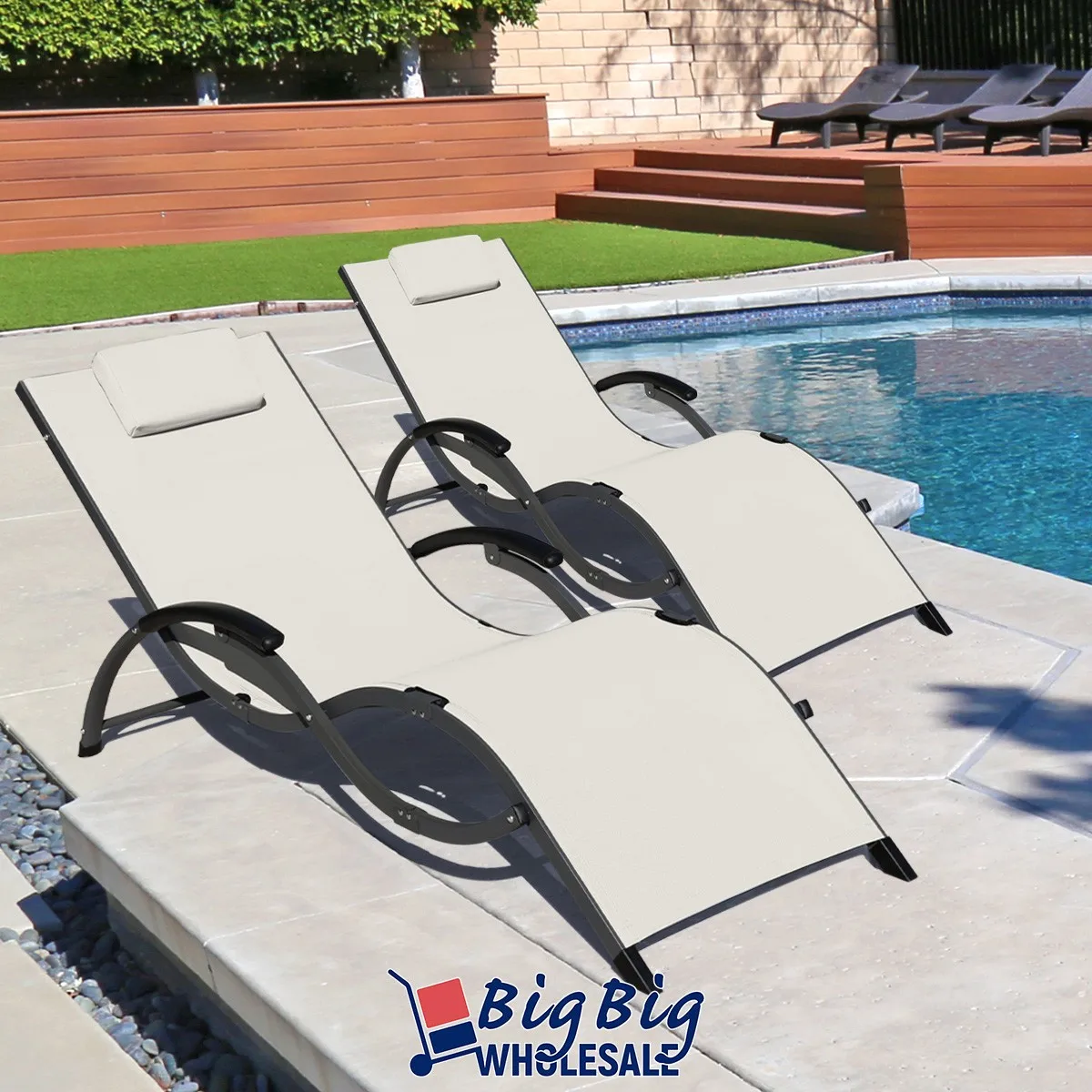 

2 шт. уличных шезлонгов для патио, пляжа, бассейна, сада, складные кресла для террасы, бежевые