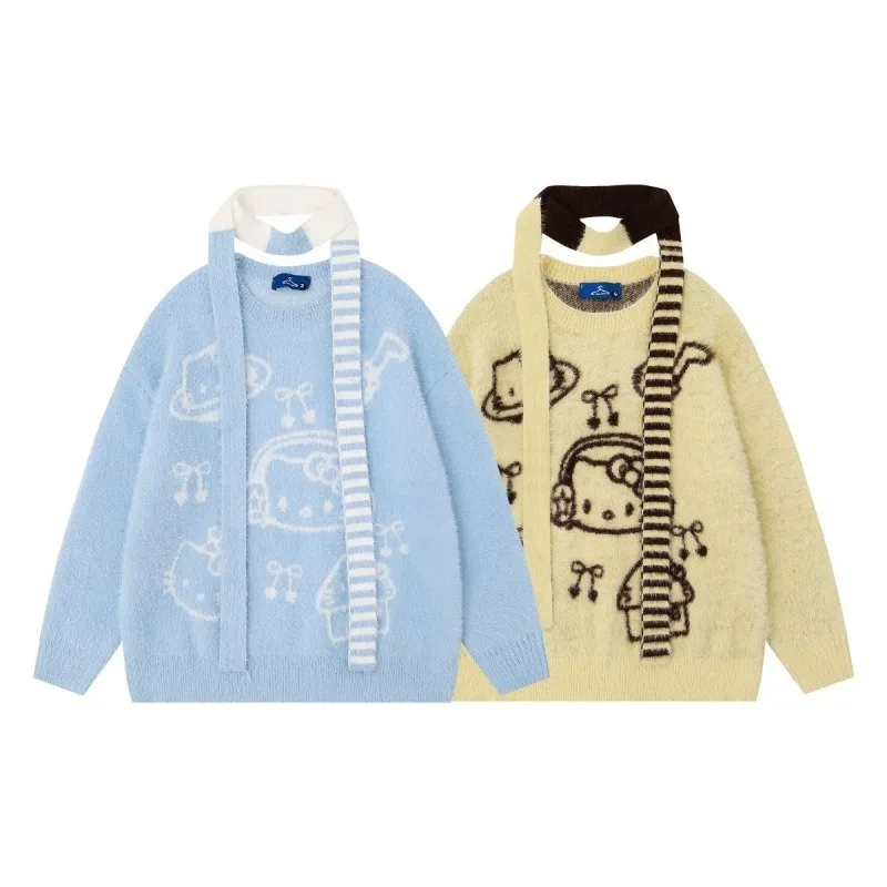 

Sanrio Hello Kitty Women'S Cartoon Sweater Scarf/Halter Neck Knit Cardigan Y2k Preppy Style Age-Reducing Sweet Knit Top