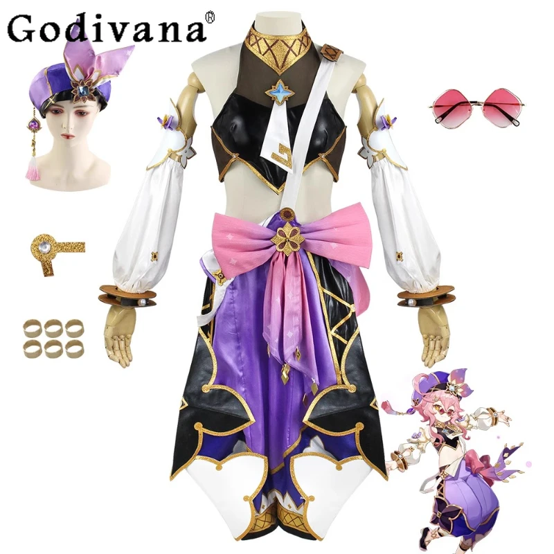 

Impact Cosplay Costume for Women Halloween Anime Wig Hat Full Sets Girls Stage Party Top and Shorts Outfits Cos Costume