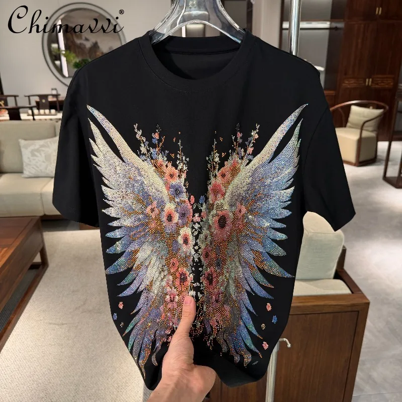 

2026 Summer New Heavy Wing Hotfix Rhinestone Loose Fit Crew Neck Short Sleeve T-shirt Men's Streetwear Cool Handsome Top
