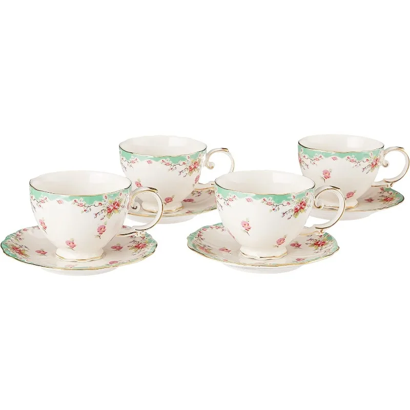 

Gracie Vintage Rose Porcelain 7-Ounce Tea Cup and Saucer Set of 4, 4 Count (Pack of 1)