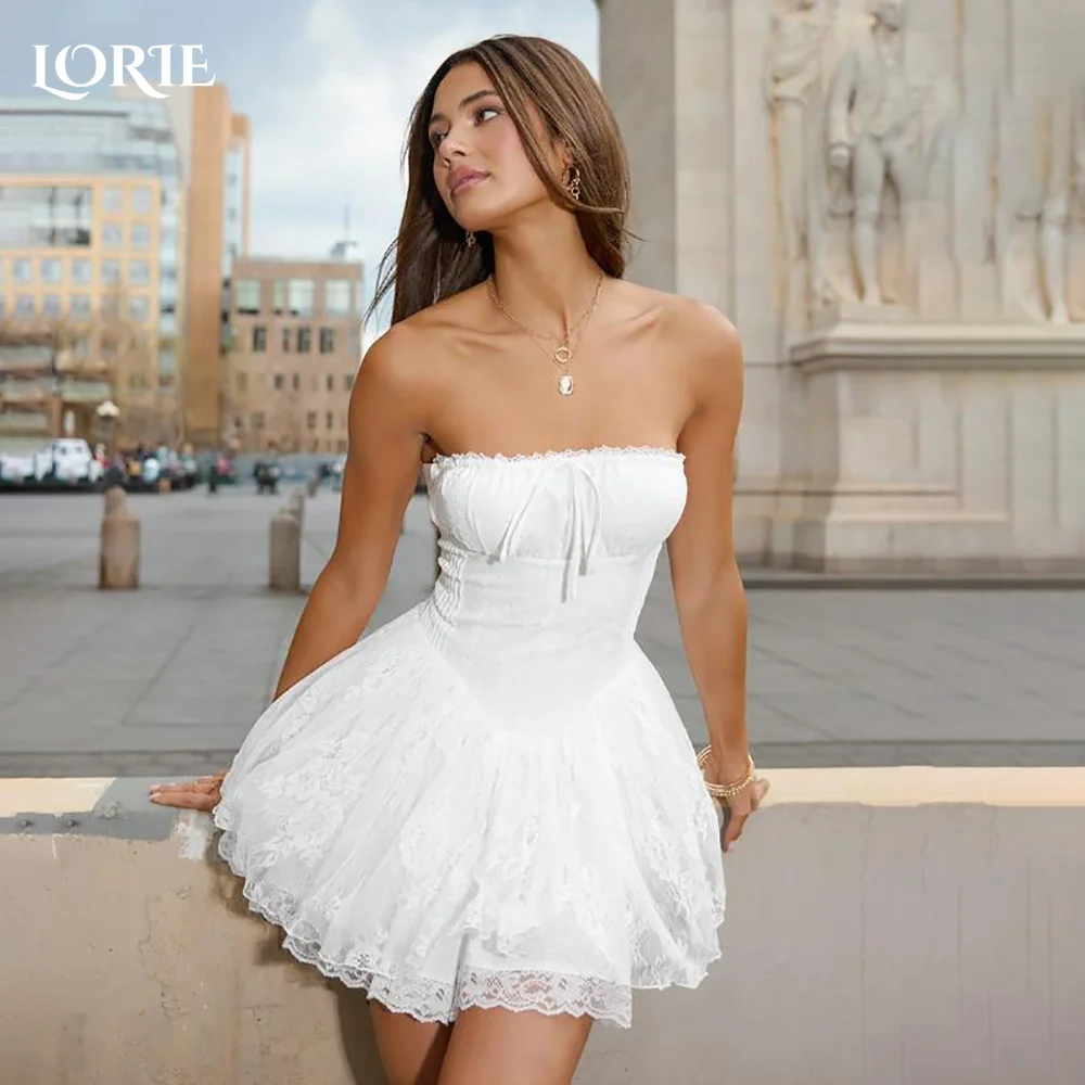 

LORIE Vintage Lace Short Mermaid Wedding Dress Hi-Lo Appliques Strapless Ruffle Mini Bridal Gown Princess Bride Gown Customized