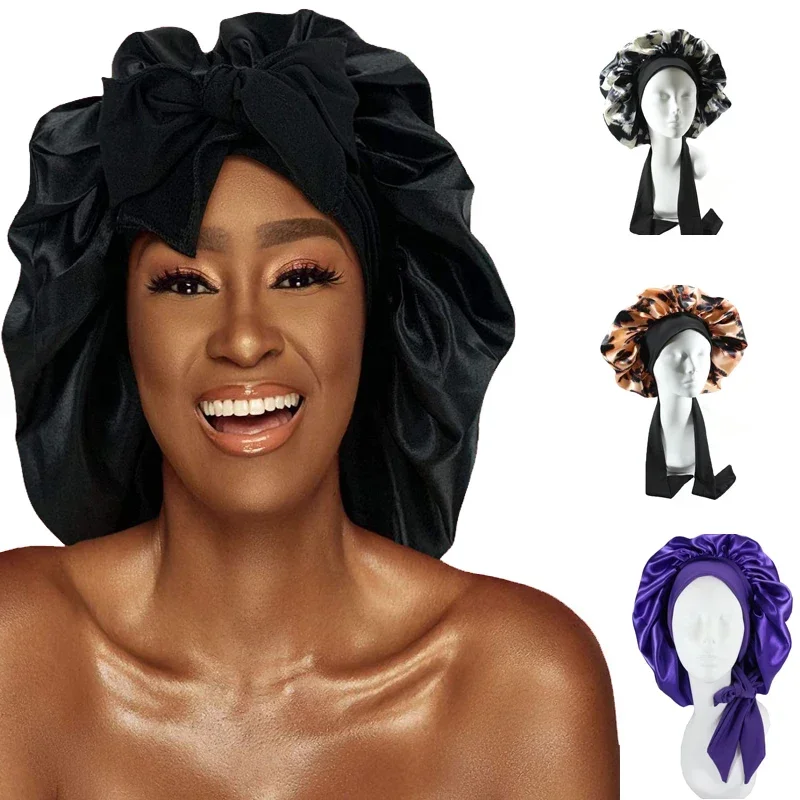 

Женская атласная шапка большого размера для сна, шапка для ночного сна, уход за волосами, шелковая шапочка для волос с пятнами для женщин, вьющиеся пружинистые волосы