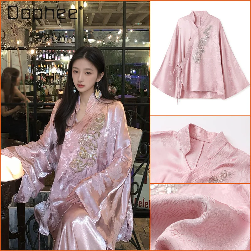 

New Chinese Fashion High-end Pink Bead Embroidered Jackets for Women Light Luxury Stand-up Collar Strap Horn Sleeve Loose Coat