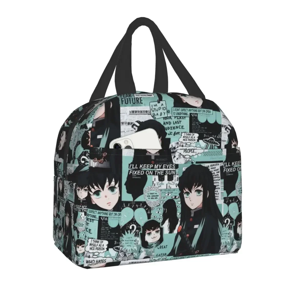 Cute Anime Muichiro Tokito Insulated Lunch Bag for Women Kimetsu No Yaiba Cooler Thermal Bento Box School Food Storage Bag