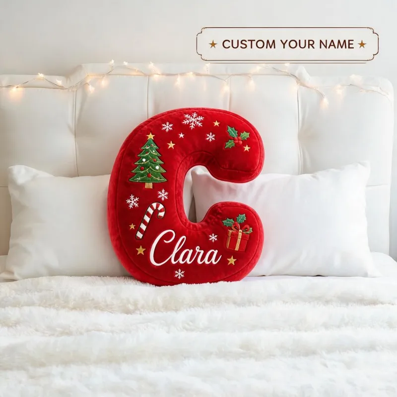 Custom Photo Letter Shaped Pillow, Personalized Name Decorative Cushion Christmas Tree & Snowflake Design Red Pillow Xmas Gift