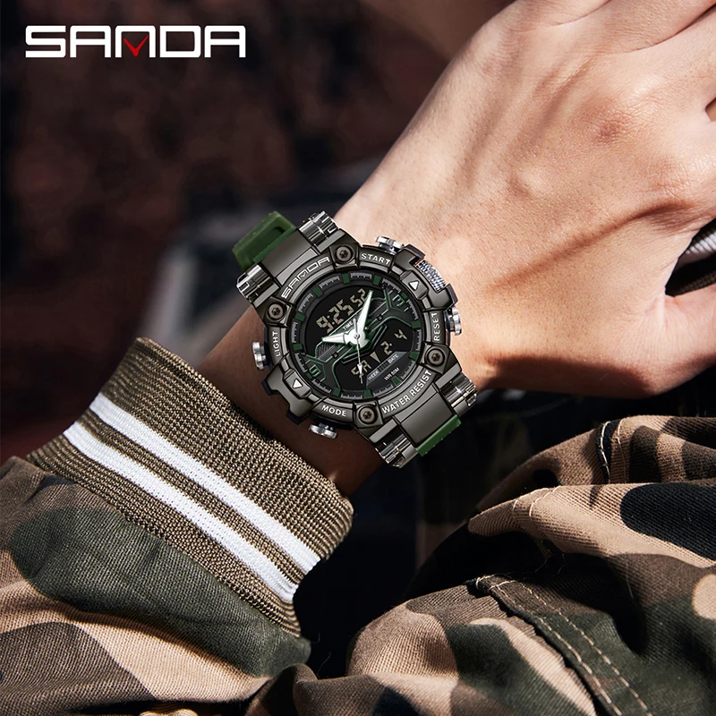 SANDA Top Luxury Sports Watches Mens High Quality Waterproof LED Digital Wristwatches Dual Display Male Big Quartz Clock