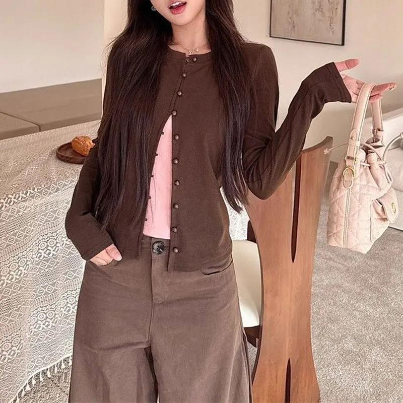 

Women's Clothing Korean O-Neck Pullovers Vintage Coffee Patchwork Pink Autumn New Stylish Button Slim Basic Long Sleeve T-shirts