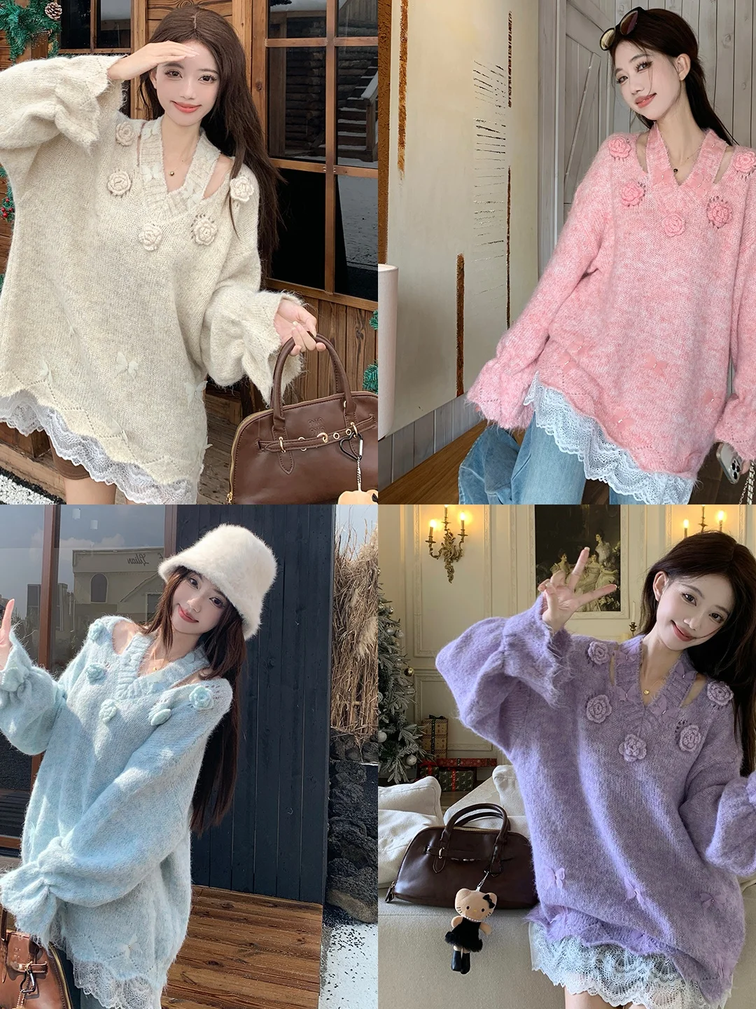 

Свитер женский оверсайз с V-образным вырезом, осенне-зимний, модный, универсальный, в стиле «ленивый шик», мягкий, уютный, в корейском стиле, свободного кроя, вязаный топ