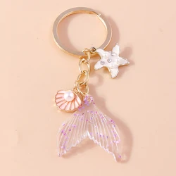 Fashion Fish Tail Keychains Summer Beach Starfish Shell Pendants Key Chains for Women Men Car Key Handbag Keyrings Accessories