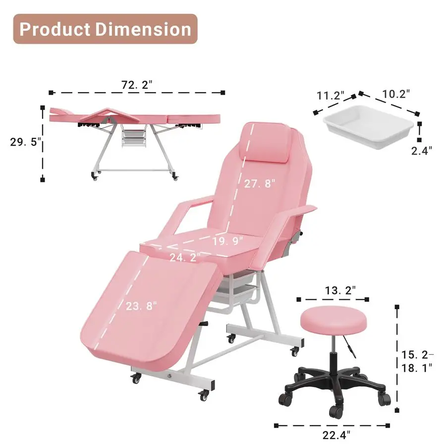เก้าอี้ปรับระดับได้ 73 นิ้ว พร้อมเก้าอี้ไฮดรอลิกสำหรับนวดสปาเสริมสวย สีชมพู