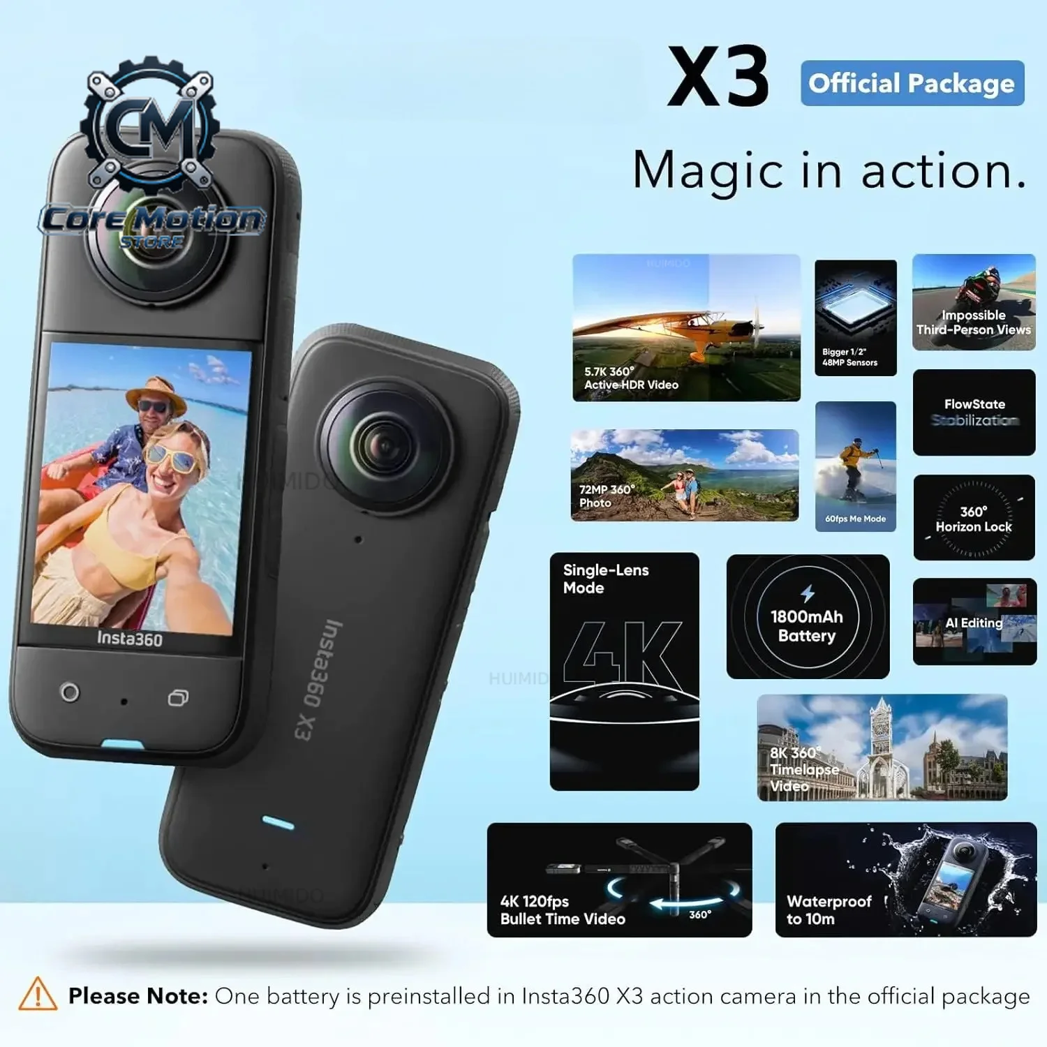 360 X3 4K Video Active HDR Mode 10M Waterproof Sports Action  With Selfie Sticker