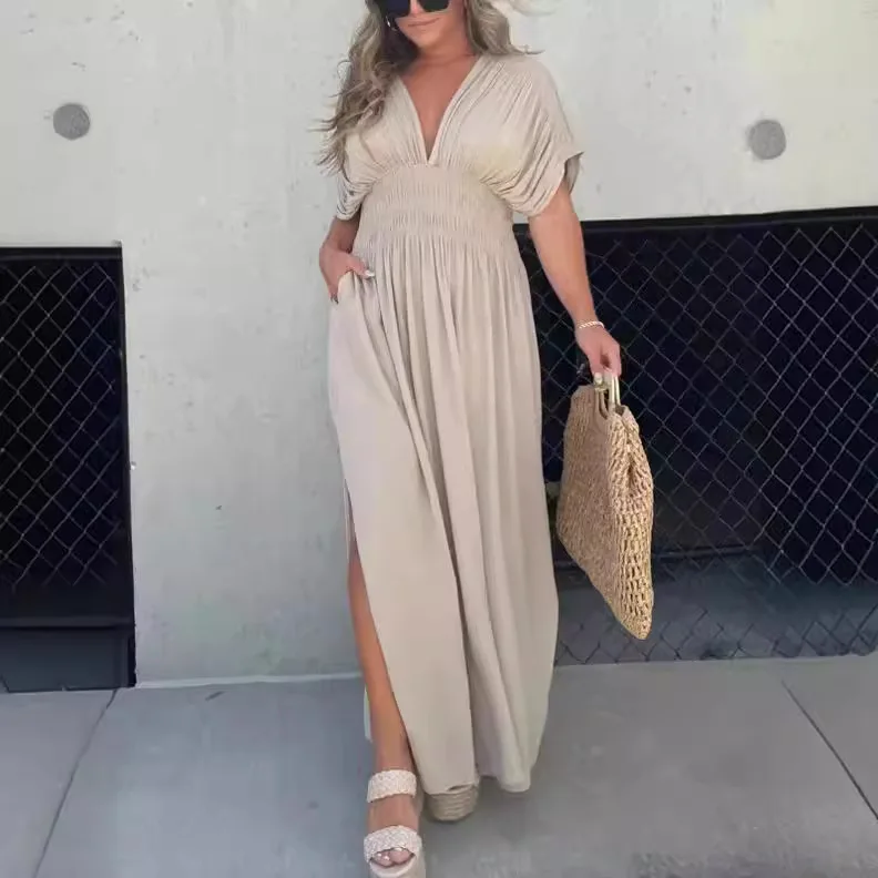 2024 European and American cross-border Amazon summer solid color V-neck bat sleeve elastic waist slimming slit long skirt