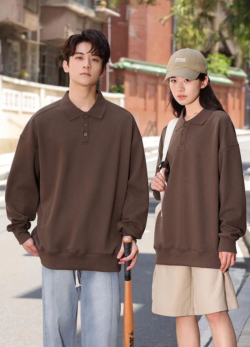 Long Sleeve Buttons Polo Shirt Solid Color American and European Size Loose Pattern Sweatshirt Polo Collar Jumpers Rib Cuff Tops