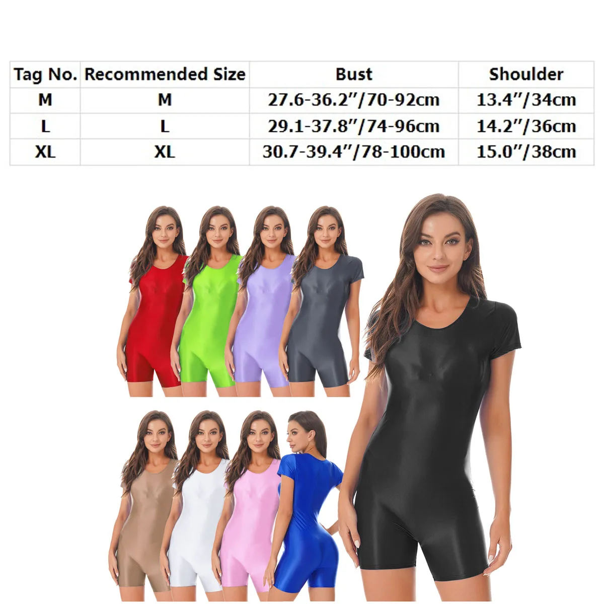 Women Glossy Bodysuit Short Sleeve One Piece Swimwear Swimsuit Stretchy Unitard Leotard for Sport Running Yoga Body Shaper