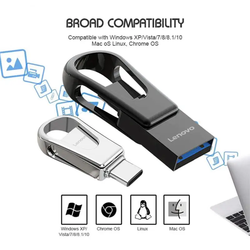 Lenovo-Clé USB 3.0 en métal étanche, clé USB portable, clé USB haute vitesse, type-c, 128 Go, 1 To, 2 To